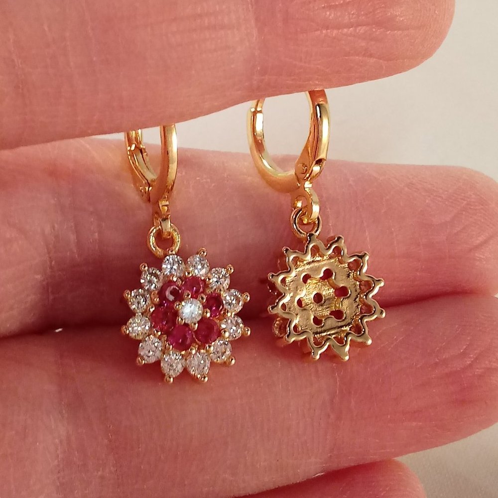 18K Yellow Gold Filled Flower Ruby Red Diamond Zircon Dangle Earrings Gorgeous - Picture 4 of 4